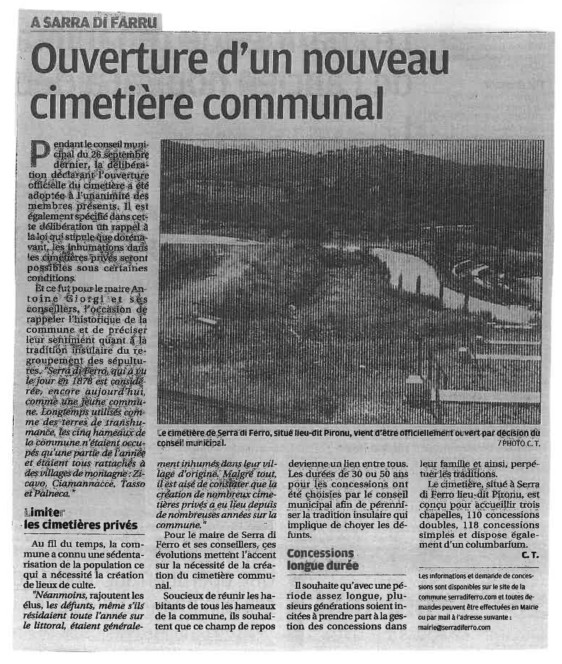 OUVERTURE D'UN NOUVEAU CIMETIERE COMMUNAL