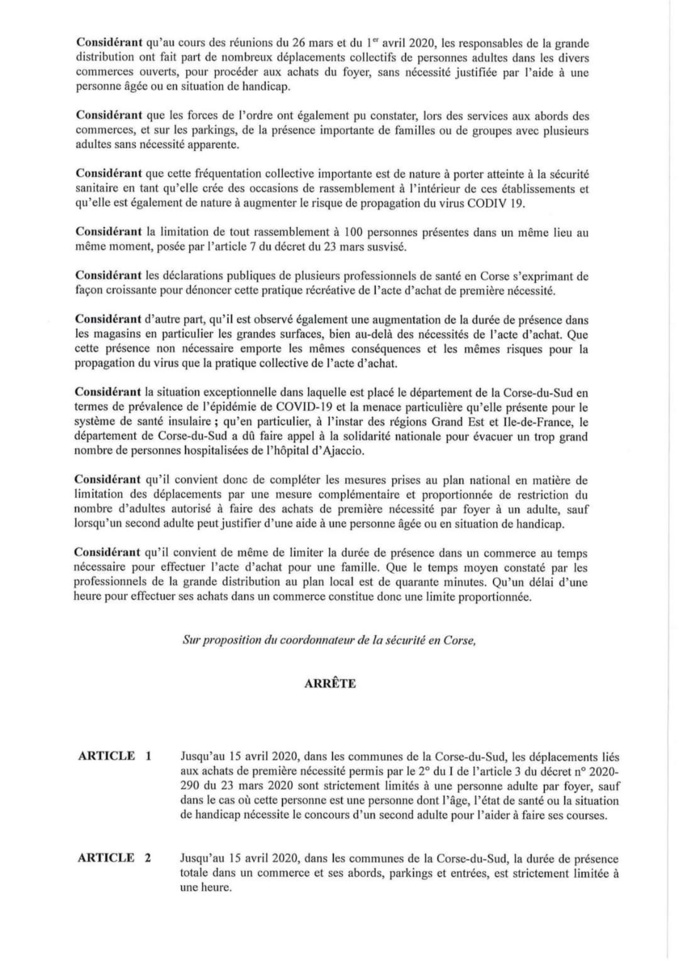 Arrêté du 10 avril portant réglementation temporaire de la fréquentation des commerces en Corse du Sud