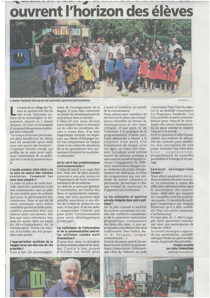 Article  de Cathy Terrazzoni sur les rythmes scolaires dans le corse matin avec notre Maire Antoine Giorgi