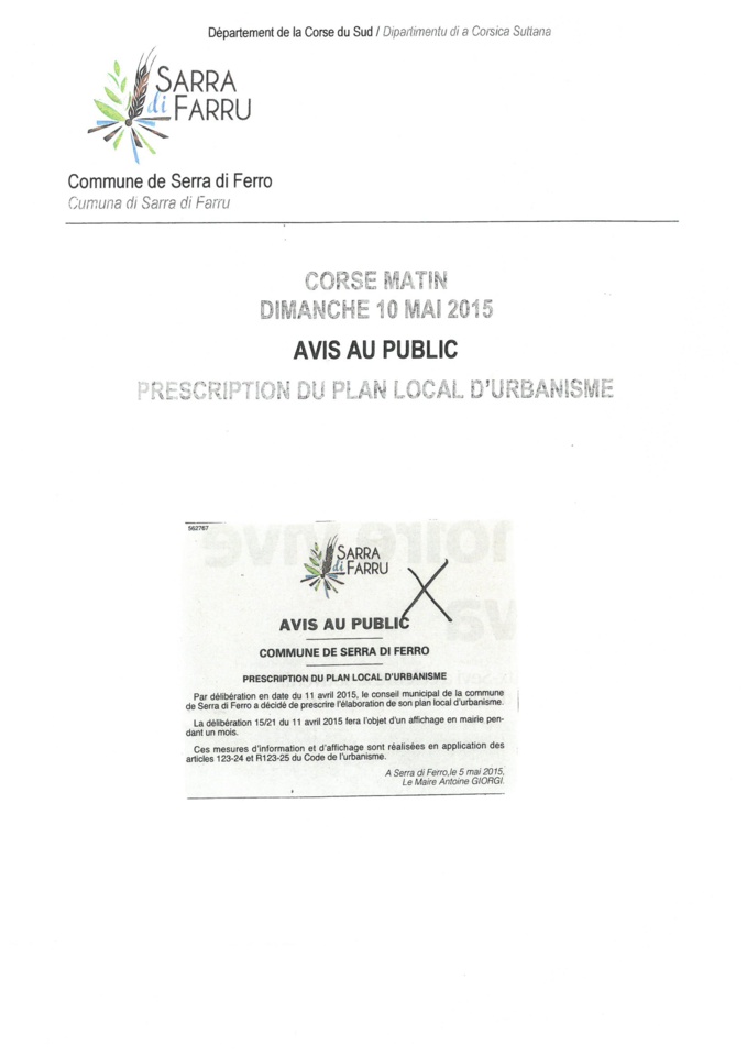 CORSE MATIN 10 MAI 2015 PRESCIPTION DU PLAN LOCAL D'URBANISME