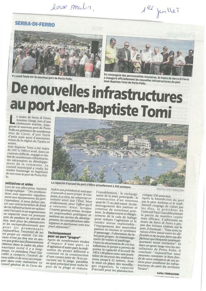 ARTICLE DE CATHY TERRAZZONI DU 1 JUILLET 2015 SUR  INAUGURATION DU PORT DE PORTO POLLO