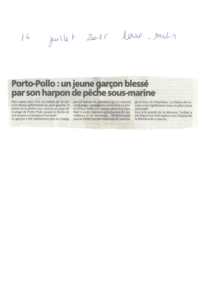 ACCIDENT DE PLONGEE A PORTO POLLO ARTICLE CORSE MATIN 16 JUILLET 2015