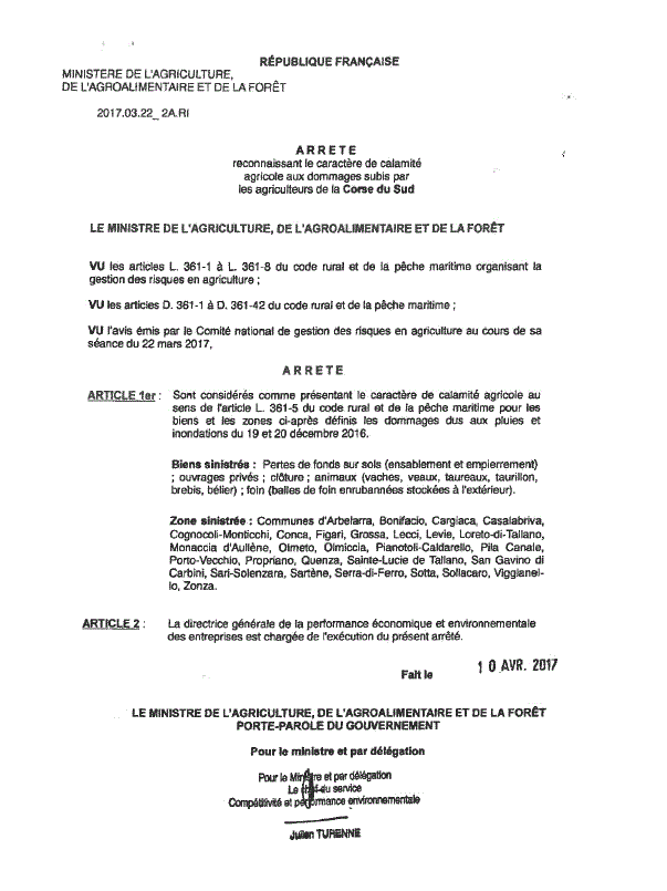 Arrêté reconnaissant le caractère de calamité agricole aux dommages subis par les agriculteurs de la Corse du Sud les 19 et 20 décembre 2016