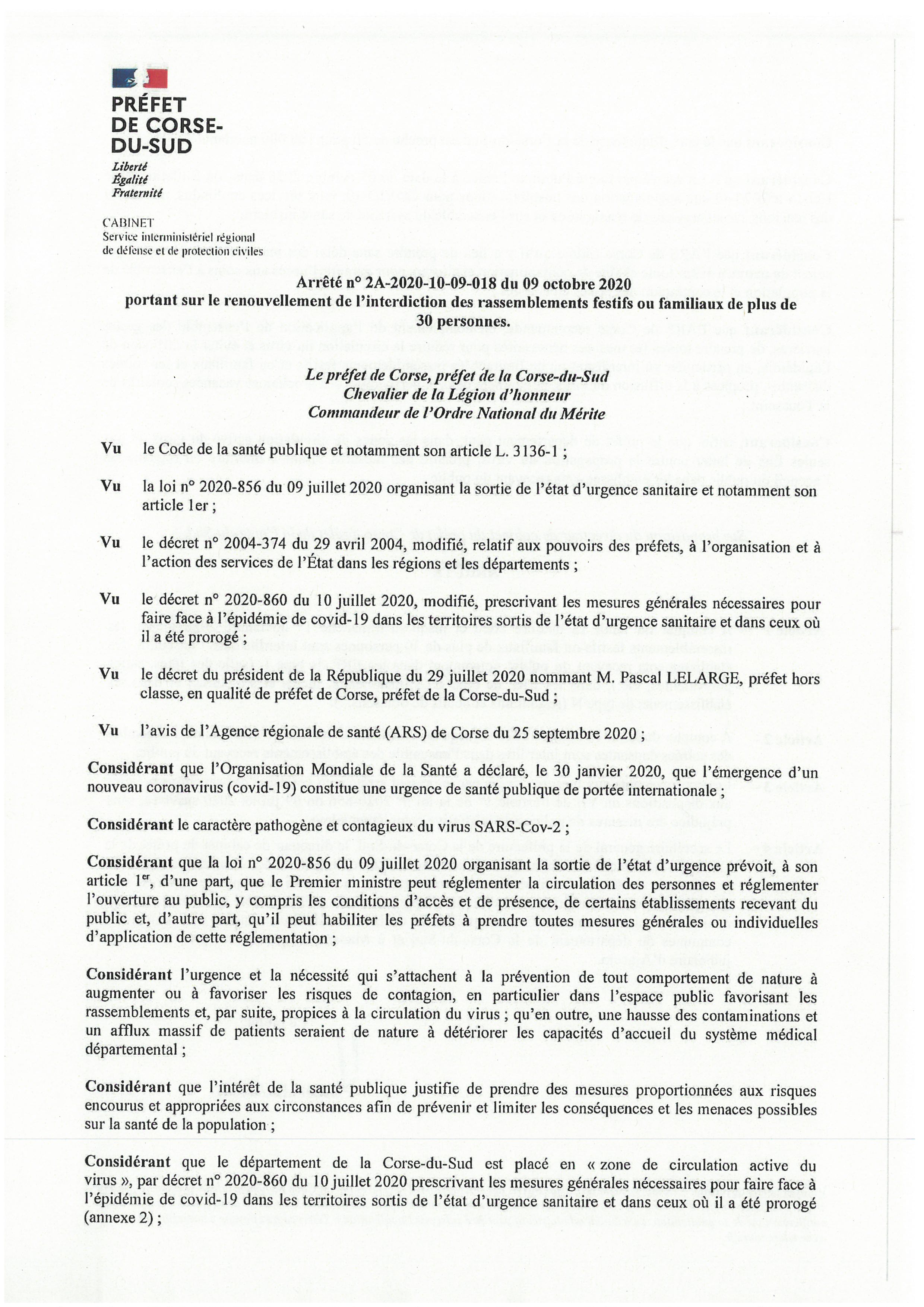 Arrêté n°2A-2020-10-09-018 du 09 octobre  2020 portant sur le renouvellement de l'interdiction des rassemblements festifs ou familiaux de plus de 30 personnes