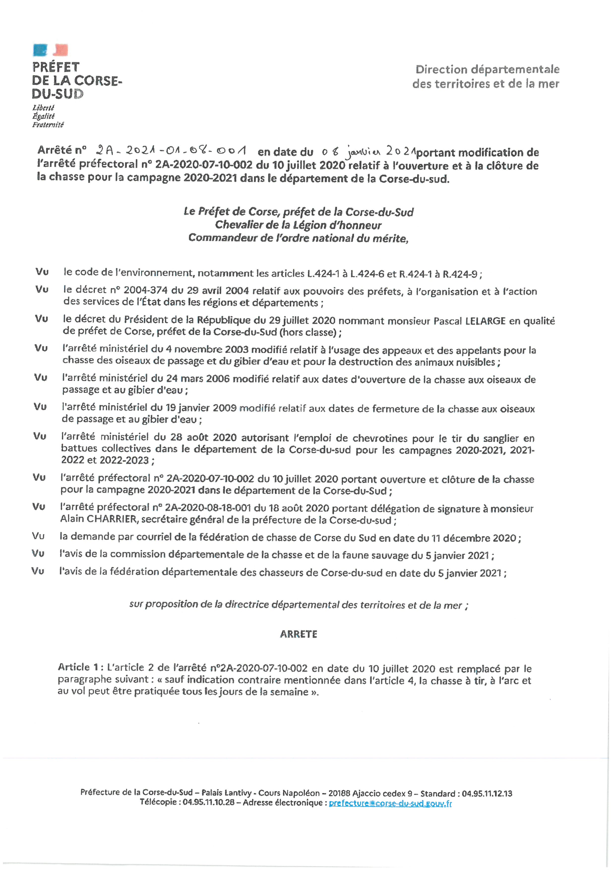 Arrêté 2A-2021-01-08-001 du 08/01 2020 portant modification de l'arrêté préfectorale 2A-2020-07-10-002 du 10/07/2020